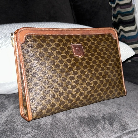 Authentic Celine Vintage Brown Logo Clutch Leather & Web Canvas 11 X 7 Inches - Picture 7 of 16